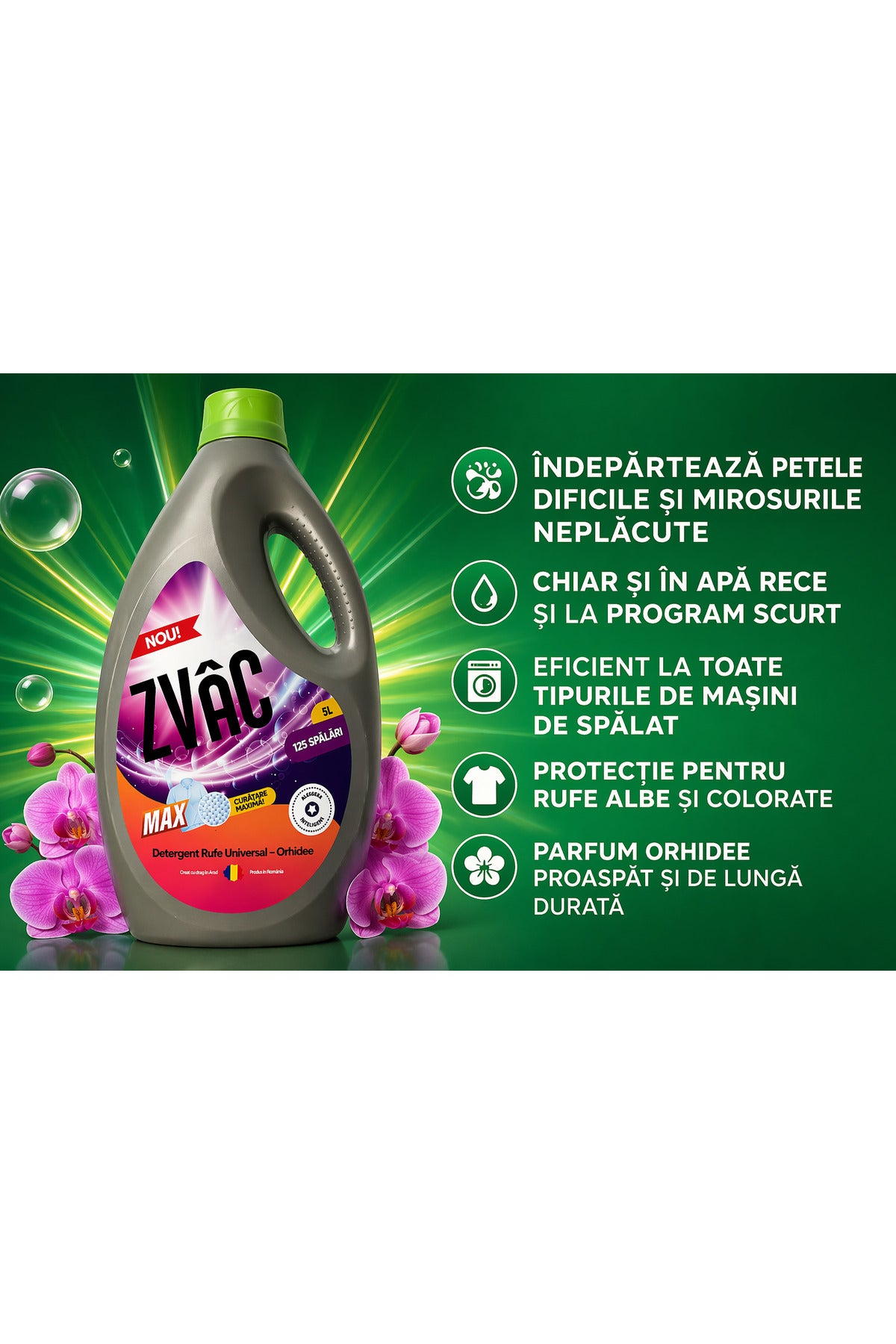 Detergent lichid ZVAC MAX Universal 5L, 125 spalari, parfum orhidee, pentru rufe albe si colorate