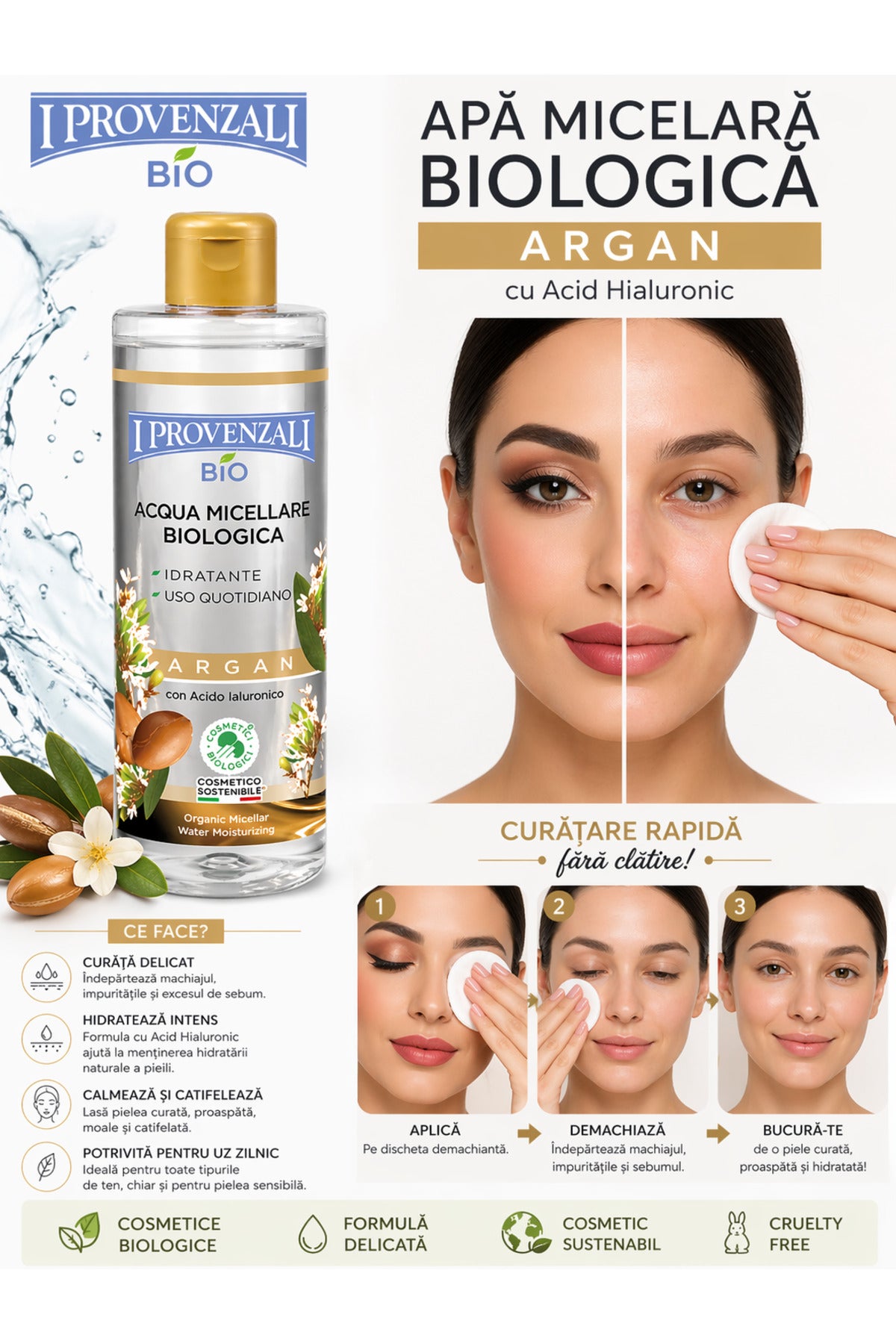 Apă Micelară Bio cu Argan și Acid Hialuronic 400 ml – I Provenzali