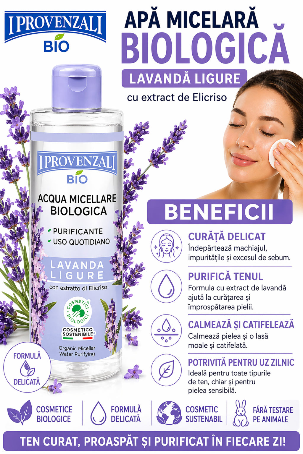 Apă Micelară Bio Lavandă 400 ml – I Provenzali, Demachiere Delicată