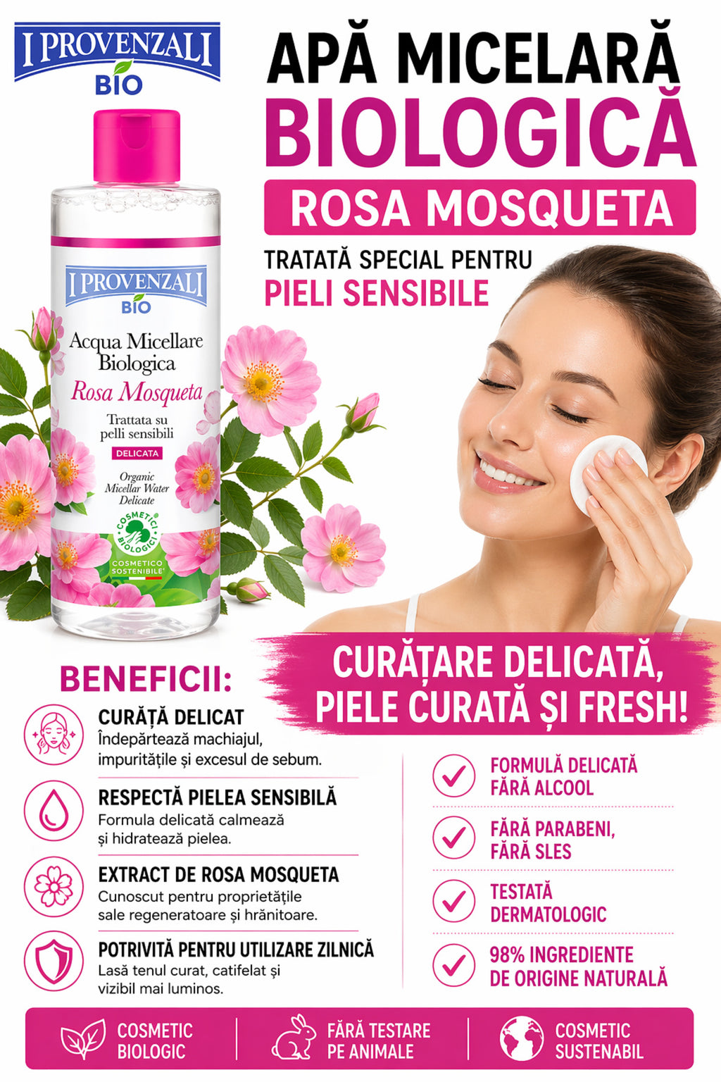 Apă Micelară Bio Rosa Mosqueta 400 ml – I Provenzali, Piele Sensibilă