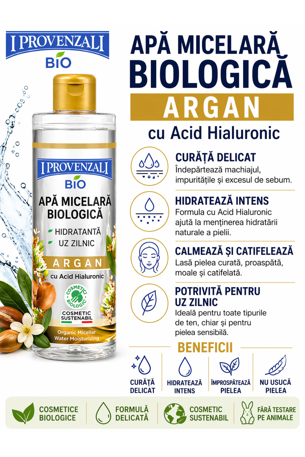 Apă Micelară Bio cu Argan și Acid Hialuronic 400 ml – I Provenzali