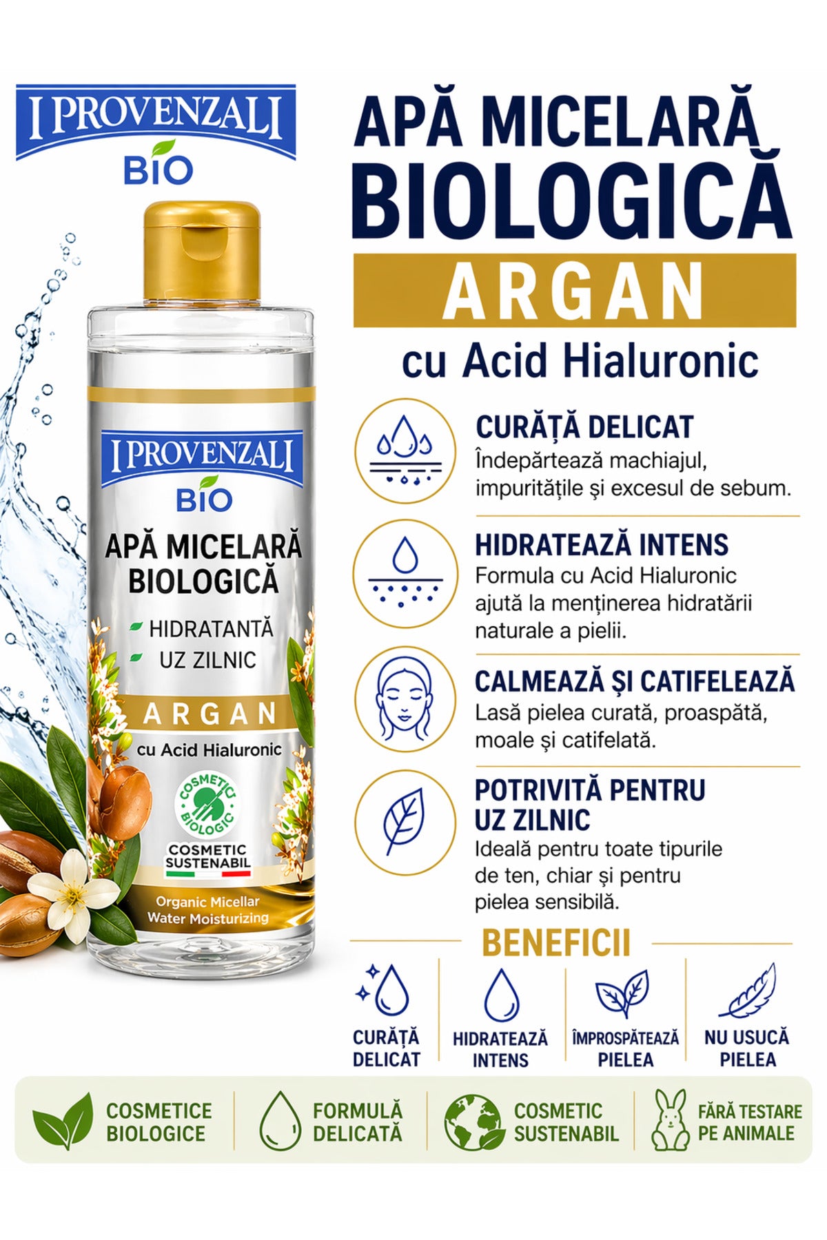 Apă Micelară Bio cu Argan și Acid Hialuronic 400 ml – I Provenzali