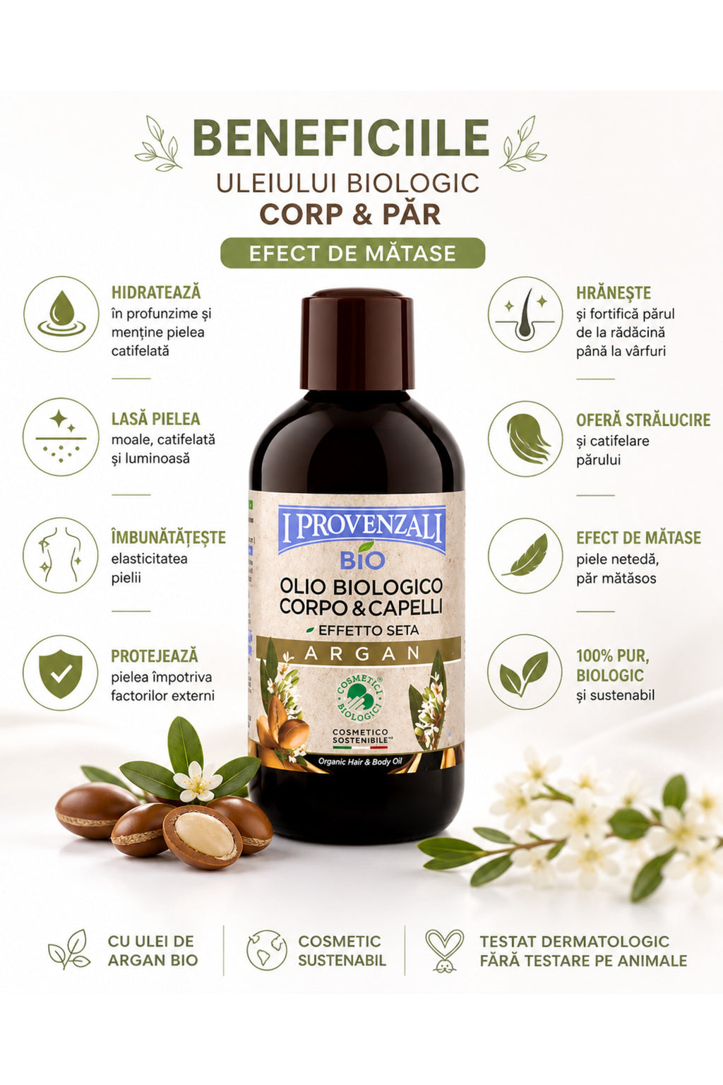 Ulei Organic de Argan pentru Corp ?i P?r 200 ml – BIO, Effetto Seta, Hidratare ?i Str?lucire Natural?