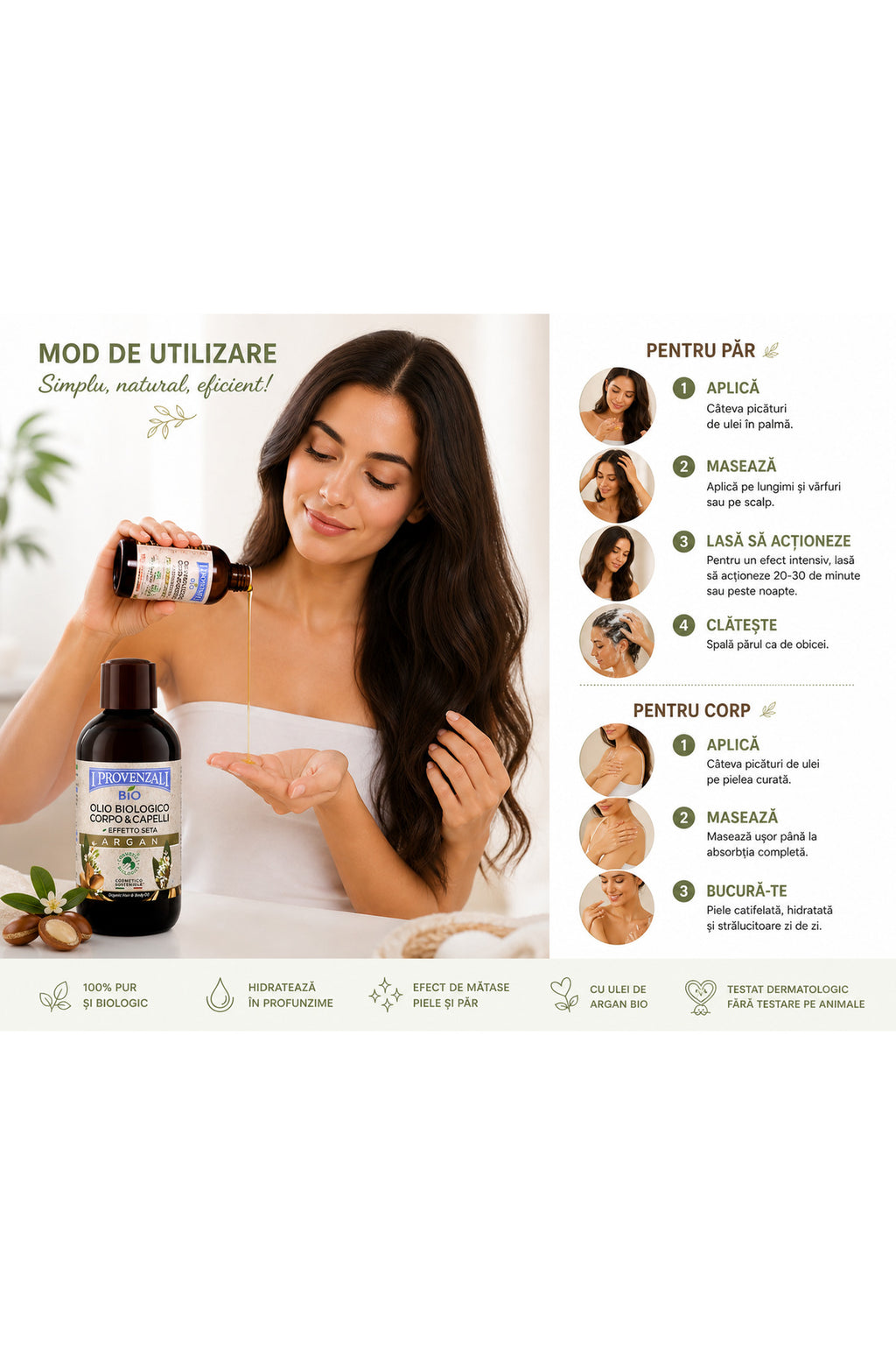 Ulei Organic de Argan pentru Corp ?i P?r 200 ml – BIO, Effetto Seta, Hidratare ?i Str?lucire Natural?