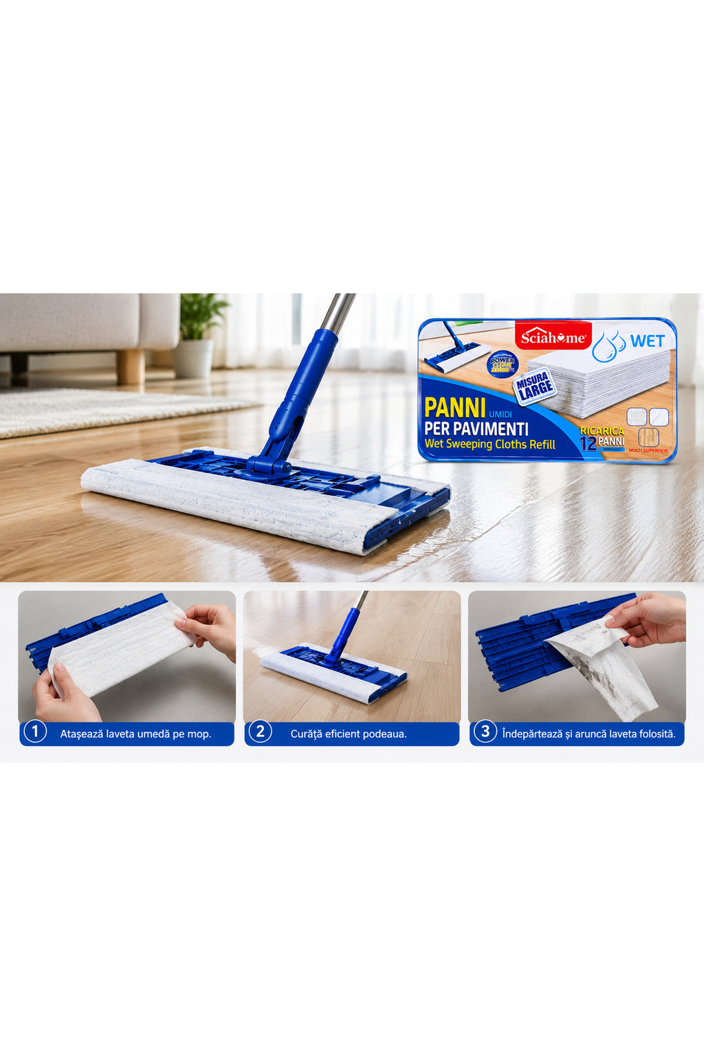 Lavete Umede pentru Mop ?i Podele Sciahom, 12 Buc??i, Rezerve Mop Plat, Cur??are Rapid?, pentru Gresie, Parchet ?i Linoleum