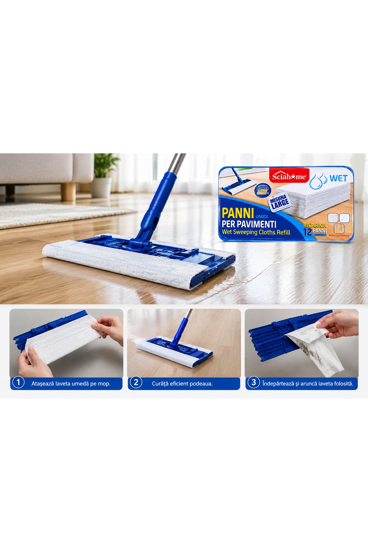 Lavete Umede pentru Mop ?i Podele Sciahom, 12 Buc??i, Rezerve Mop Plat, Cur??are Rapid?, pentru Gresie, Parchet ?i Linoleum