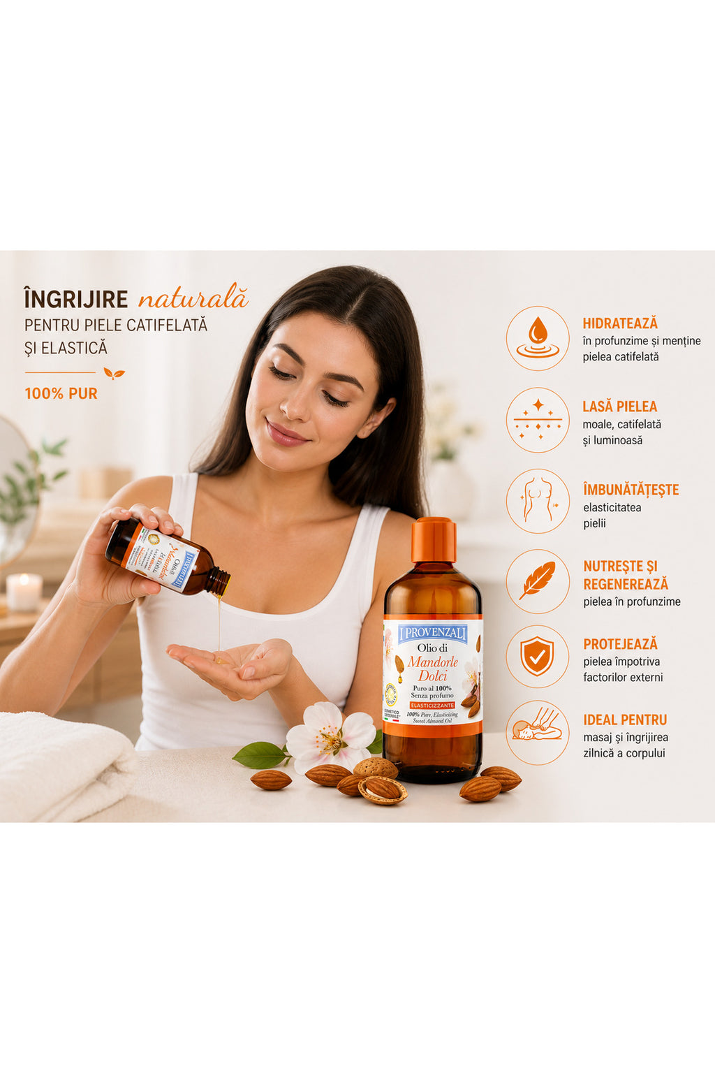 Ulei de Migdale Dulci 100% Puro 200 ml – I Provenzali, F?r? Parfum, Elasticizant pentru Fa?? & Corp