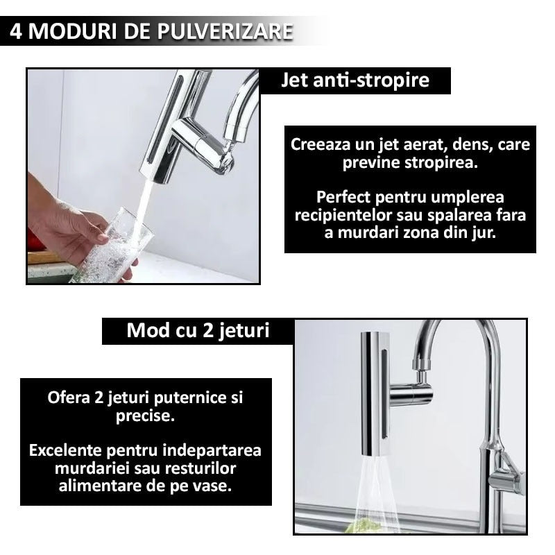 Robinet Multifuncțional 360° – 4 Modele de Jet, Economizor de Apă, Design Modern